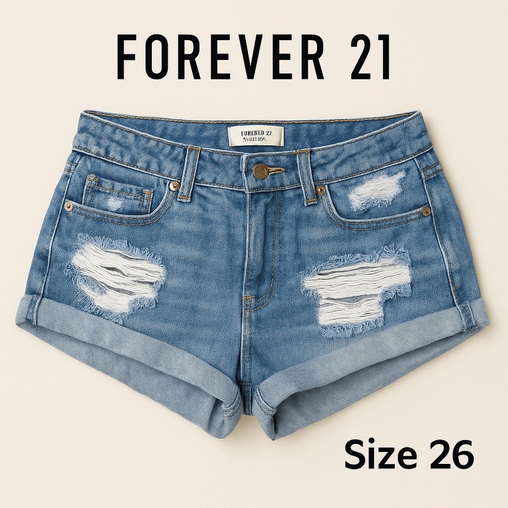 Forever 21 Denim Shorts Sz 26 Woman Heavily Distressed Thrashed Destroyed Grunge